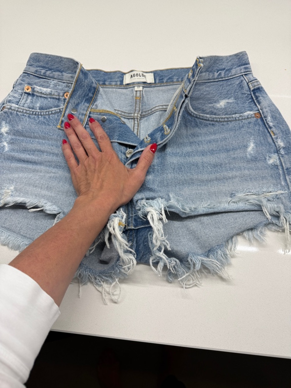 Agolde Light Blue Frayed High-Rise Denim Shorts